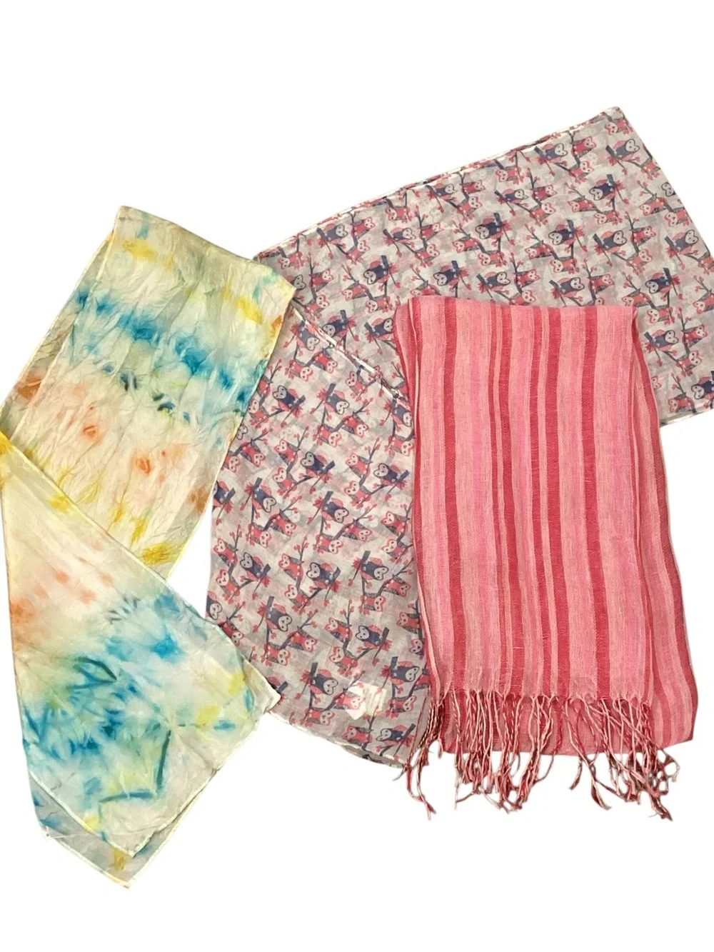 Lot of‎ 3 Scarves Owls Silk Striped Linen Cotton